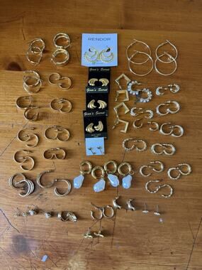 Gold Tone Earring Lot 42 Pairs Hoops Huggies Faux Pearl Fashion Jewelry